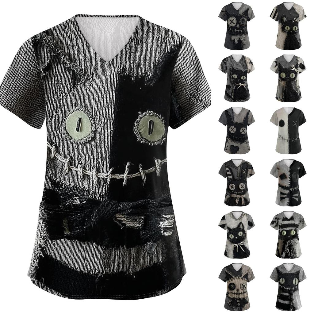 Women's Halloween Print Scrub Top – Short Sleeve V-Neck with Pocket and Side Slits for Professionals