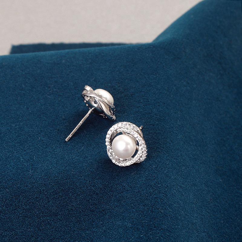 S925 Sterling Silver Diamond-Inlaid Rose Pearl Stud Earrings - Women’s Japanese Korean Niche Luxury, Comfortable for Sleeping with Pierced Ears