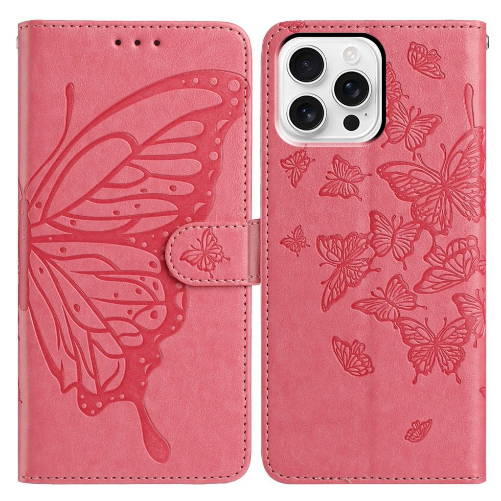 For iPhone 16 Pro Case Butterfly Imprinted Wallet Stand PU Leather Flip Phone Cover with Strap