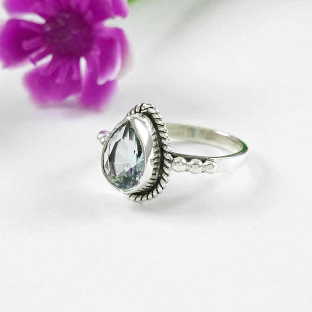 Natural Blue Topaz Ring, Teardrop Topaz Ring, Light Weight Dainty Ring, 925 Sterling Silver, Gift for Her, Birthstone Ring
