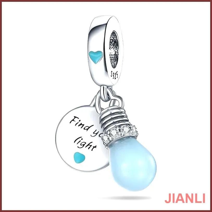 925 Sterling Silver Charm Pendant with Light Bulb Design and Engraved Round Tag Find Your Light Inspirational Jewelry Accessory for Bracelets