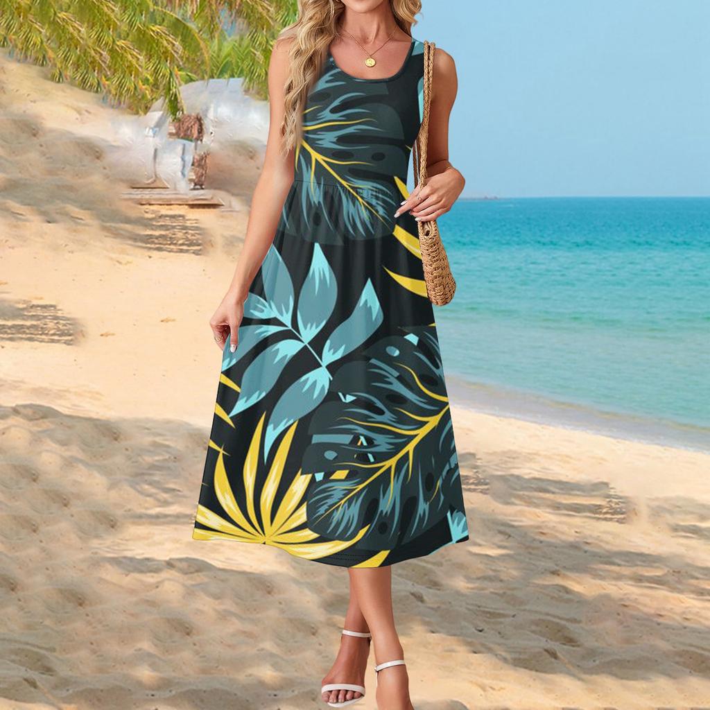 Elegante abito estivo da donna, abbigliamento casual chic, gonna prendisole da spiaggia con tasche