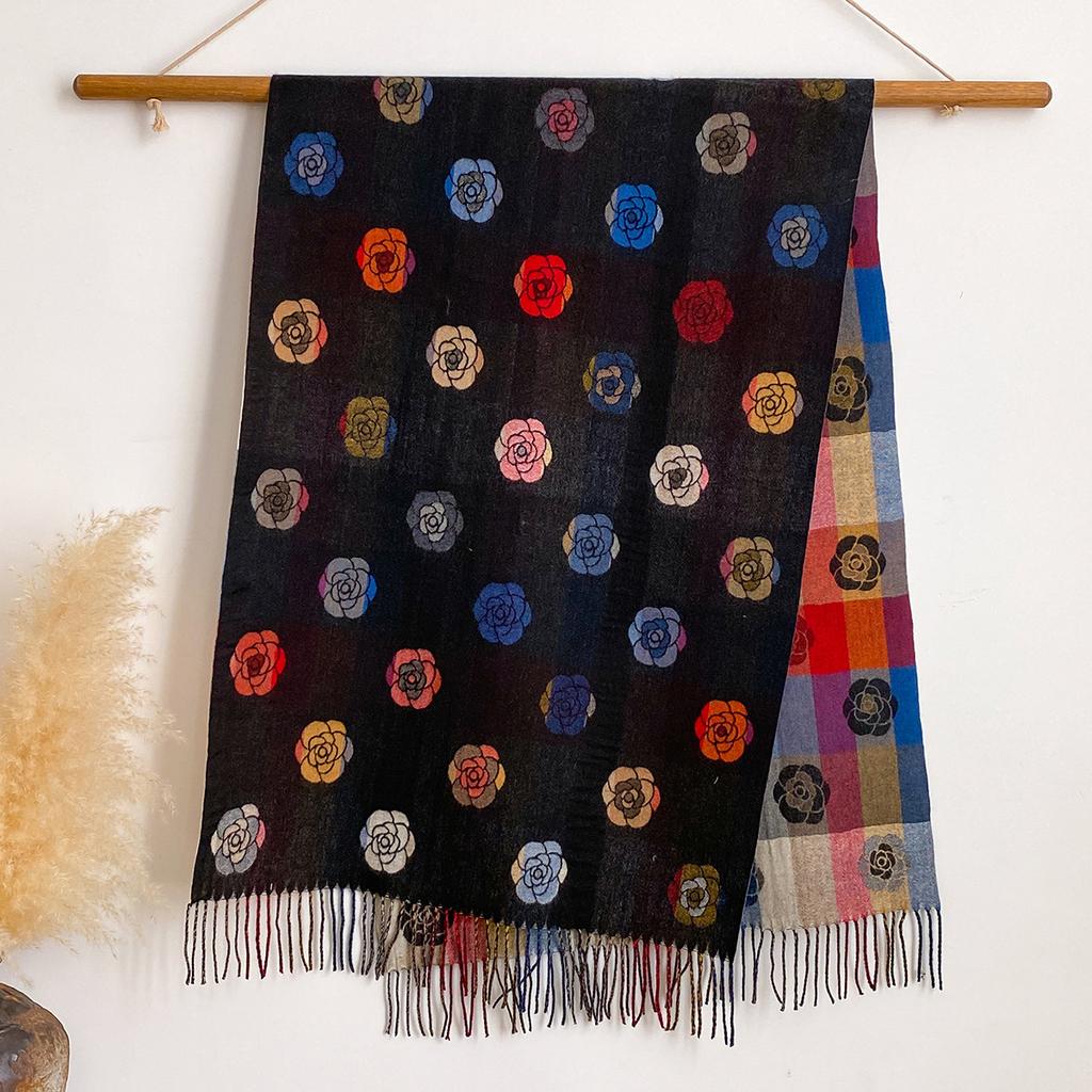 Versatile Jacquard Autumn And Winter Rose Splicing Double-Sided Imitation Cashmere Scarf Winter Warm Shawl Women