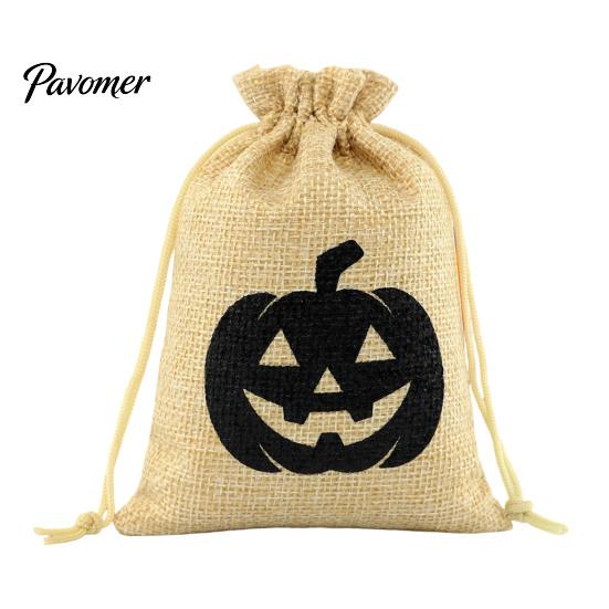 Small Fabric Storage Pouches Halloween Burlap Treat Bags, Pumpkin Ghost Bat Spider Witch Print Drawstring Rustic Bags Favors Candy for Cookies Snacks