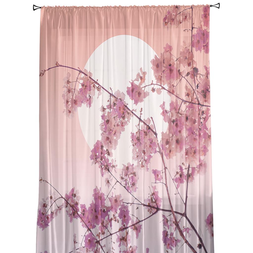 Japanese Sakura Cherry Blossoms Tulle Window Curtain Modern Sheer Drapes For Living Room Bedroom Kitchen Custom Size