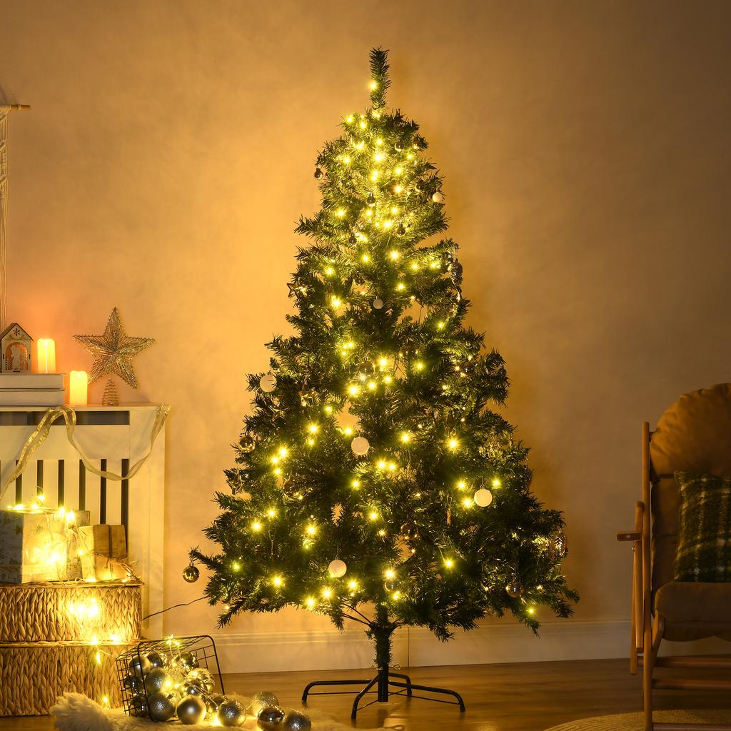 Artificial Christmas Tree, 180cm Tree with Pre-installed Lights and Decorations Included, Ø112x180cm, Green