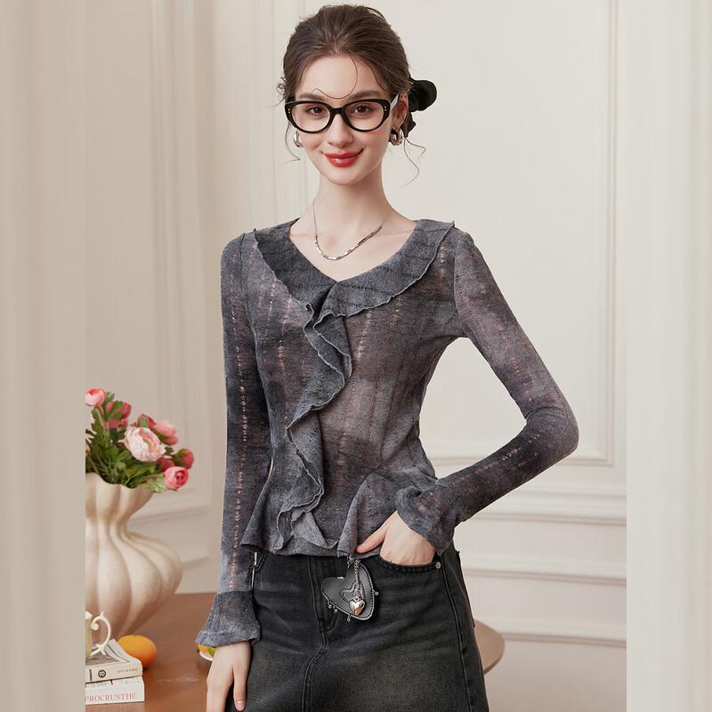 Baileuyu Women s Ruffle Tie-Dye Long Sleeve T-Shirt L