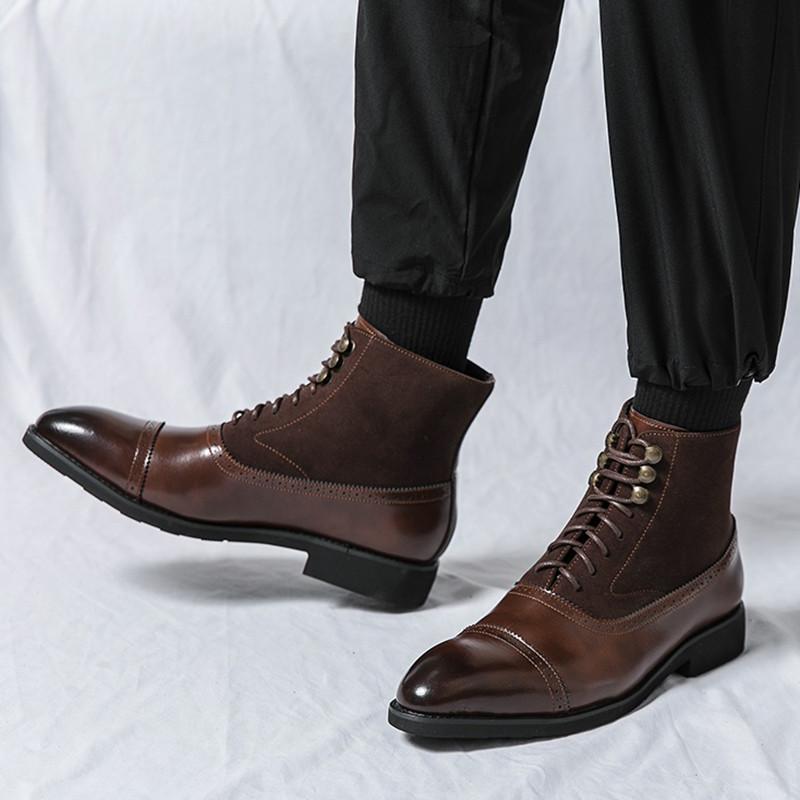 Fashion Designer New Men's Pointed Lace Up Brown Black Shoes Trend Casual Luxury Fashion High-top Ankle Boots
