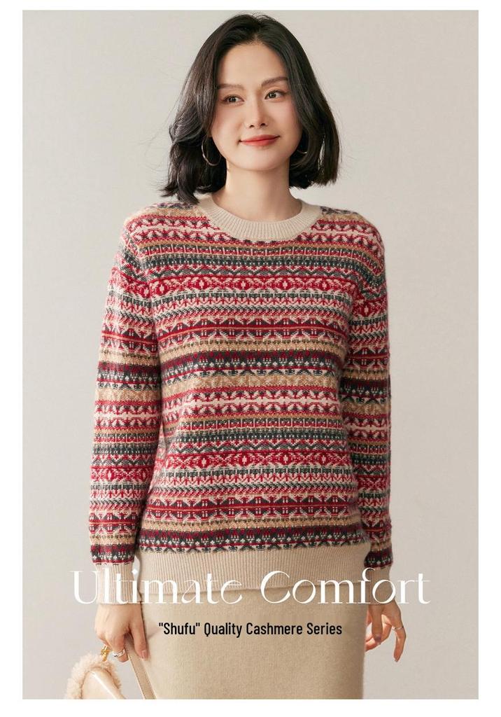Design-Forward French Cable Knit Cashmere Sweater - Women's Loose Contrast Color Round Neck Knitwear for Autumn/Winter