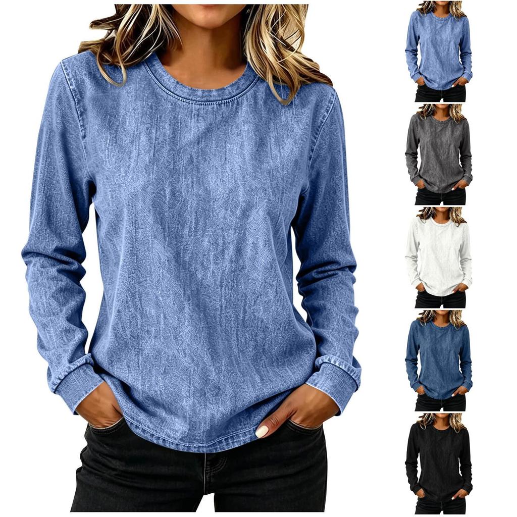 Women's Casual Long Sleeve Top, Round Neck Color Pullover for Everyday Wear