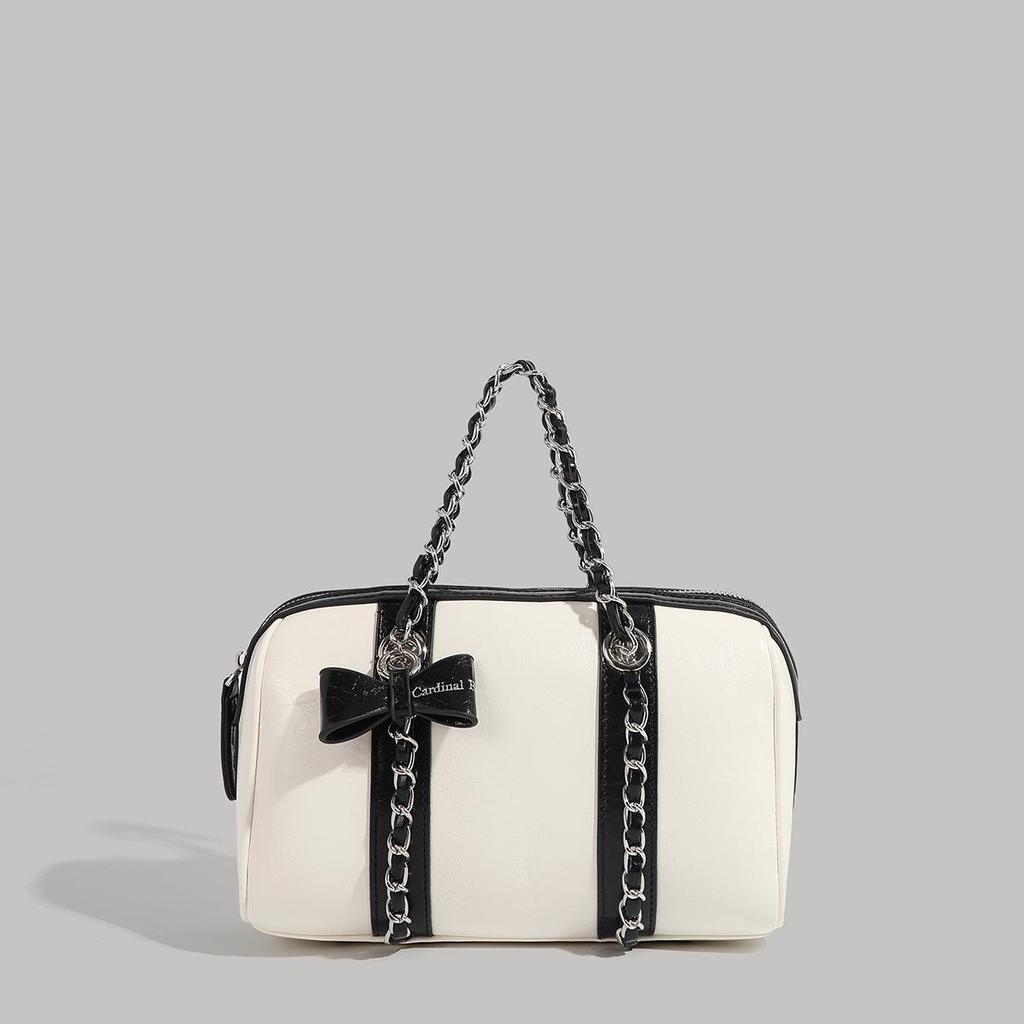 Korean-Style Boston Wax Leather Handbag with Bow Accent