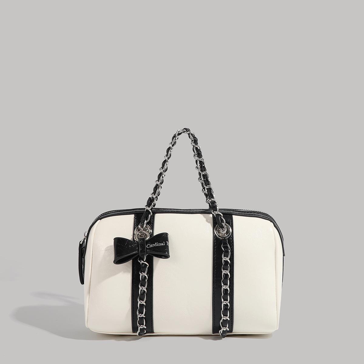 

Korean-Style Boston Wax Leather Handbag with Bow Accent белый