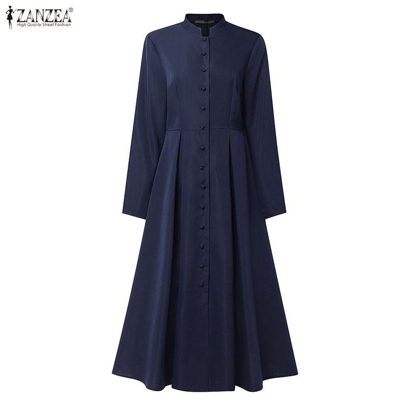 ZANZEA Women Casual Stand Collar Elegant Long Sleeve Dress