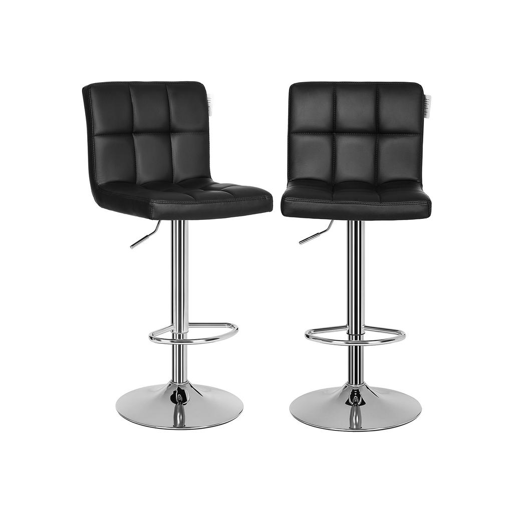 SONGMICS Set of 2 Bar or Kitchen Stools In Faux Leather, Adjustable and 360 Degrees Swivel, with Backrest and Footrest, Chromed Steel Structure, Black