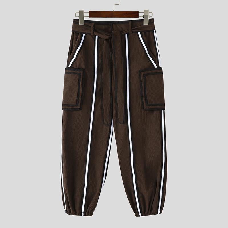 

INCERUN Men Autumn Belt Zip-up Waist Stitching Corduroy Harem Pants Trousers L коричневый