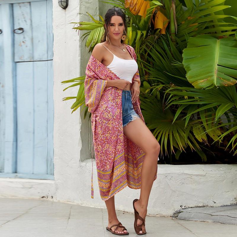 Womens Cotton Printed Beach Cover Up Dress With Waist Tie UPF Sun Protection Kimono Style Swimwear Set