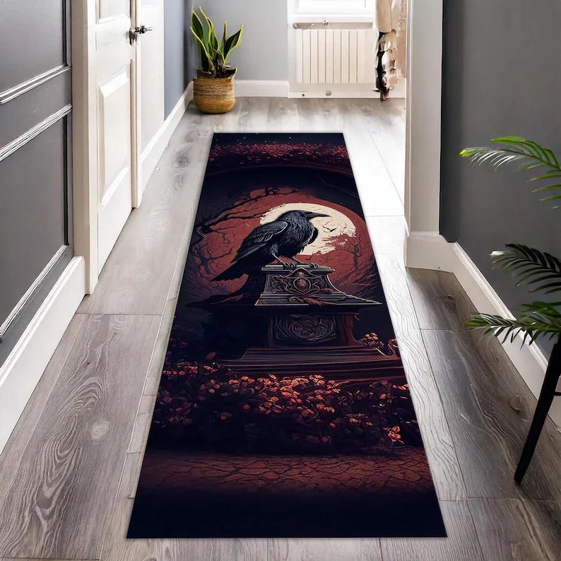 Gothic Dark Runner Rug Owl Moon Black Gold High-end Carpet Porch Corridor Foyer Floor Mat Home Decoration