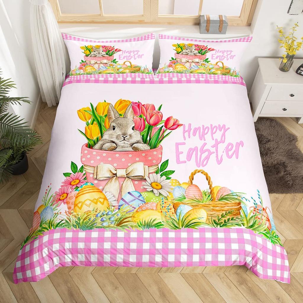 Pink Cherry Blossom Duvet Cover Happy Easter Theme Rabbit Ear Easter Eggs Bedding Set Polyester Butterfly Flower Comforter Cover