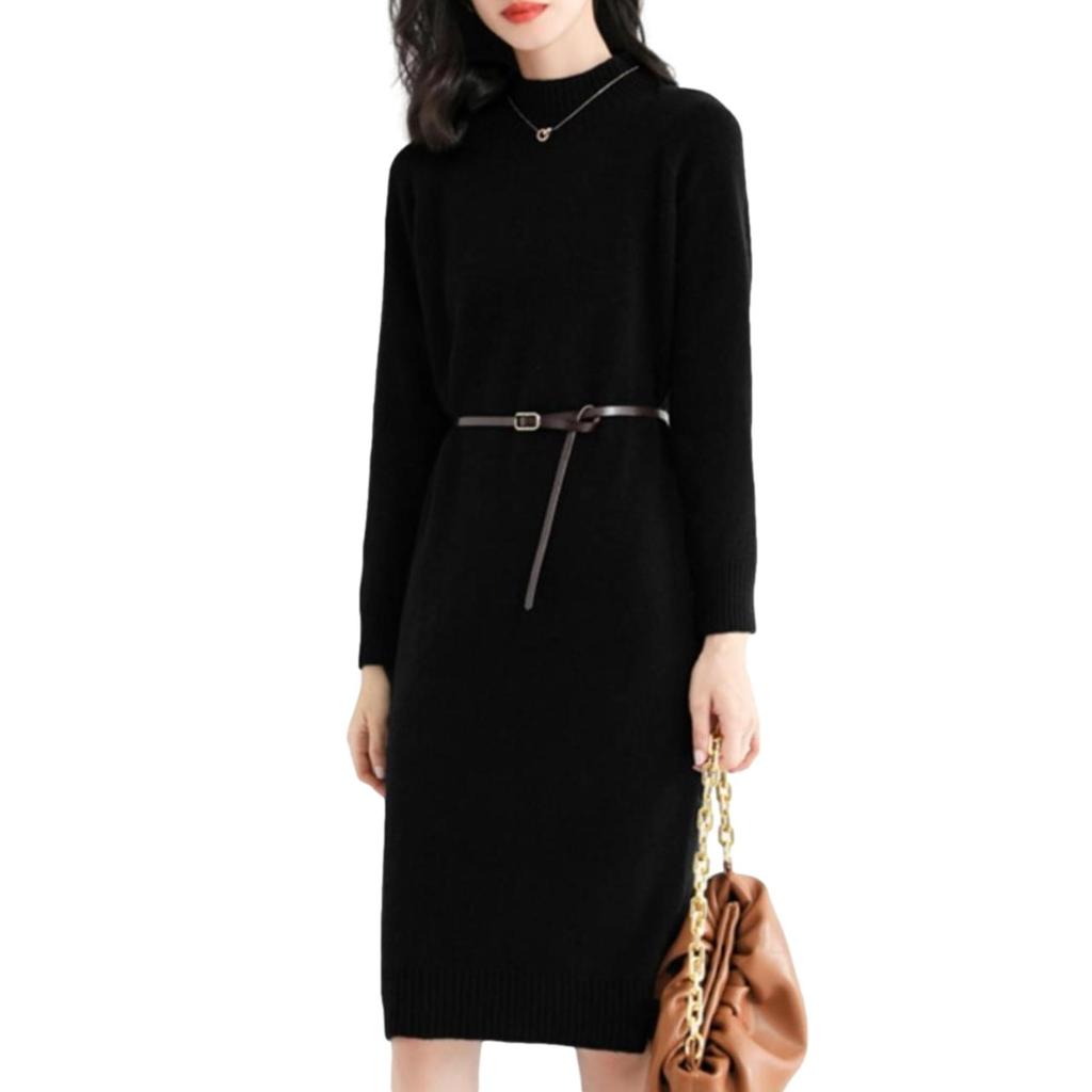 Knit Long Solid Mock Ribbed J-Scott Women's Dress, Knee-Length, Sleeves, Color, Neck, I-Line, Simple, Soft, Black, JS22-BK-XL