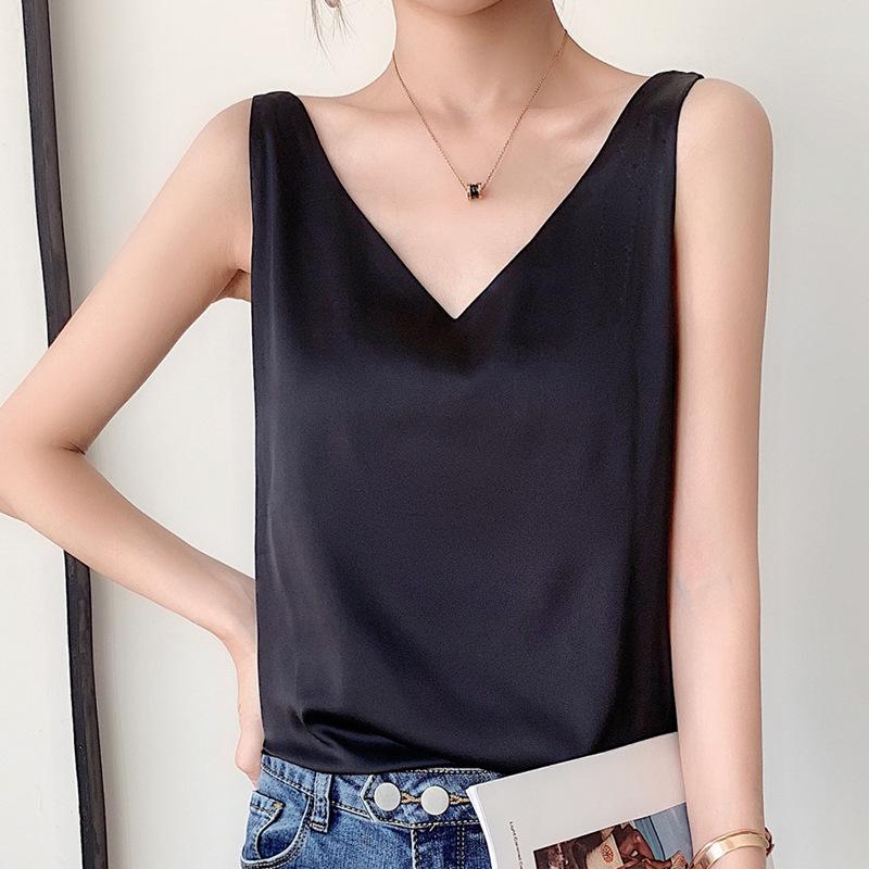 Canotta da donna con cinturino e scollo a V, canotta basic in seta senza maniche, canotta estiva femminile taglie forti