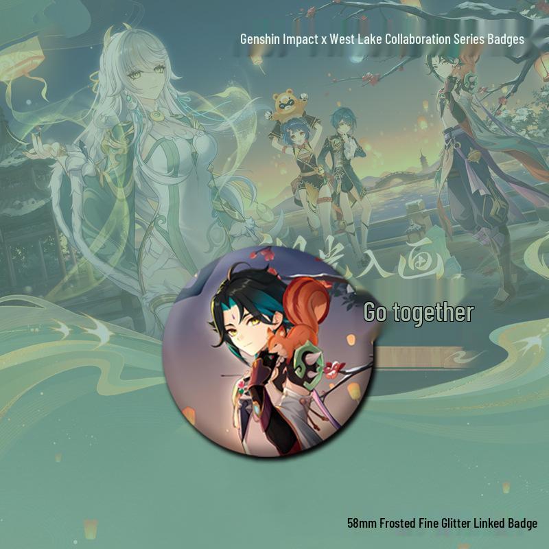 Genshin Impact West Lake Collection: Xiao & Xiangling Badge, Postcard, Commemorative Ticket, Handmade 2D Merchandise Set. 58mm Spring Scenery Lake