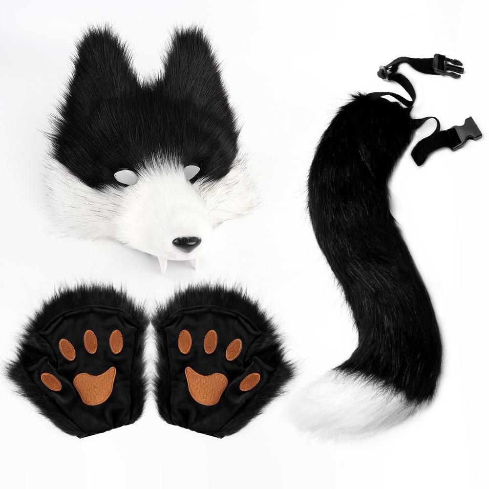Simulated Wolf Mask Tail Paw Cosplay Costume Animal Wolf Tail Ears Paw Sets Accessories Halloween Party Costumes