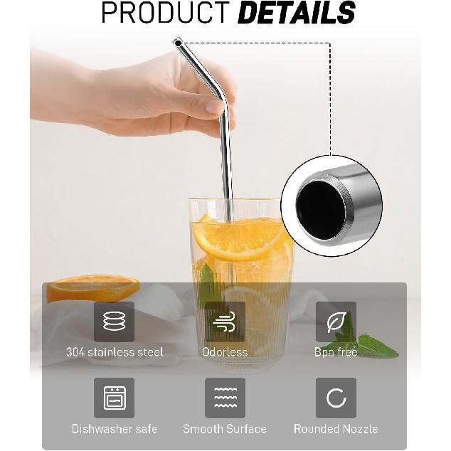 10 Pack Stainless Steel Straws for 40 Oz Tumbler, 12" Reble Long Metal Straw with 2 Cleaner Brush 1 Carry Bag (5 Straight 5 Curved)