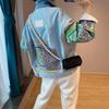 Autumn Woman Chic Denim Jacket Hit Color Print Patchwork Designer Jean Outerwear Lapel Collar Long Sleeve Loose Streetwear Style Cowboy Coat
