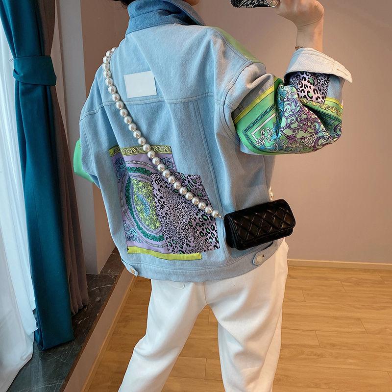 Autumn Woman Chic Denim Jacket Hit Color Print Patchwork Designer Jean Outerwear Lapel Collar Long Sleeve Loose Streetwear Style Cowboy Coat