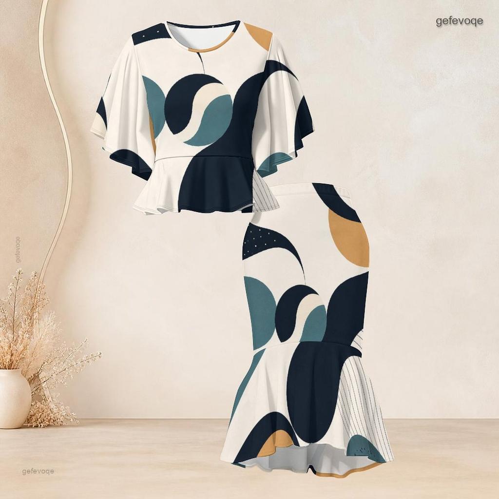 Women Plus Size Two Piece Set Round Neck Batwing Sleeve Black White Printed Ruffle Hem Top Fishtail Skirt