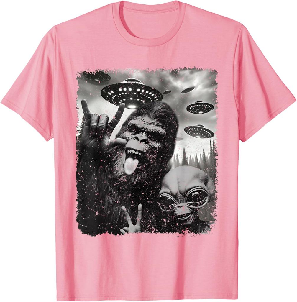 Funny Bigfoot & Alien Sasquatch Rock On Hand Sign UFO Selfie Unisex T-Shirt 12