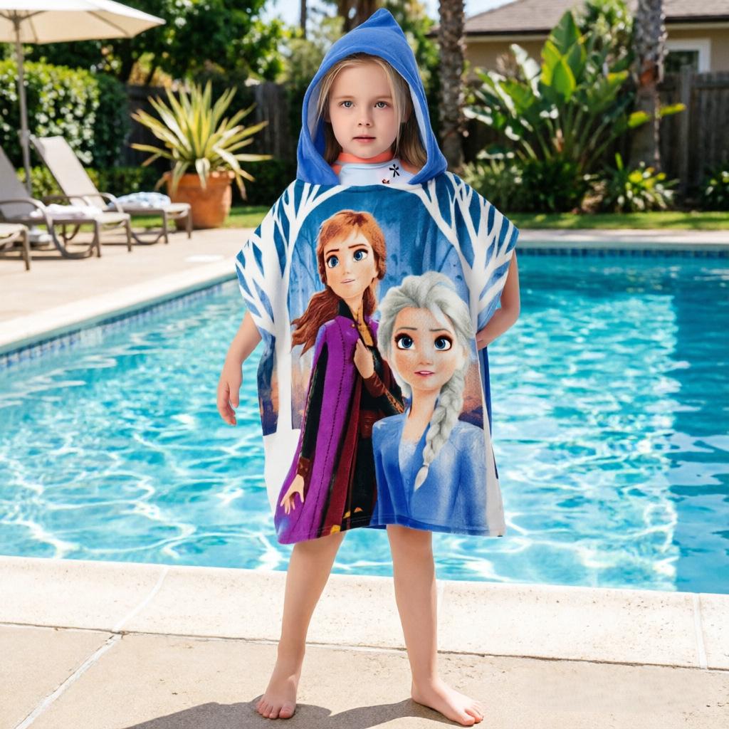 Ultra-Fine Fiber Cartoon Print Kids' Hooded Bath Towel Poncho