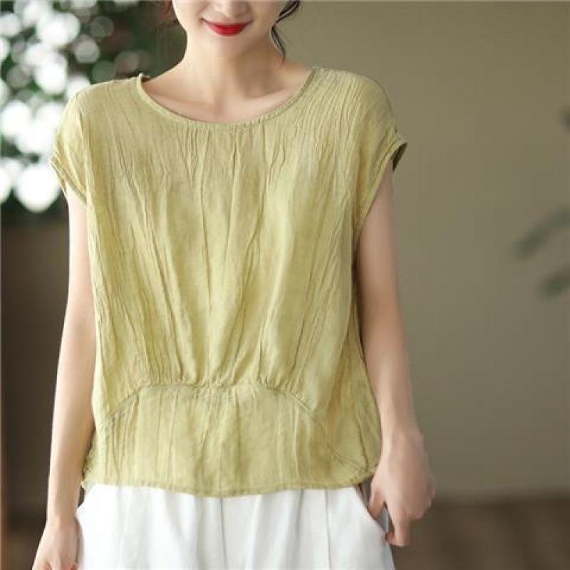 Women's Stylish Summer 2026 Solid Color Tencel Shirt - Loose Fit, Round Neck, Short Sleeves