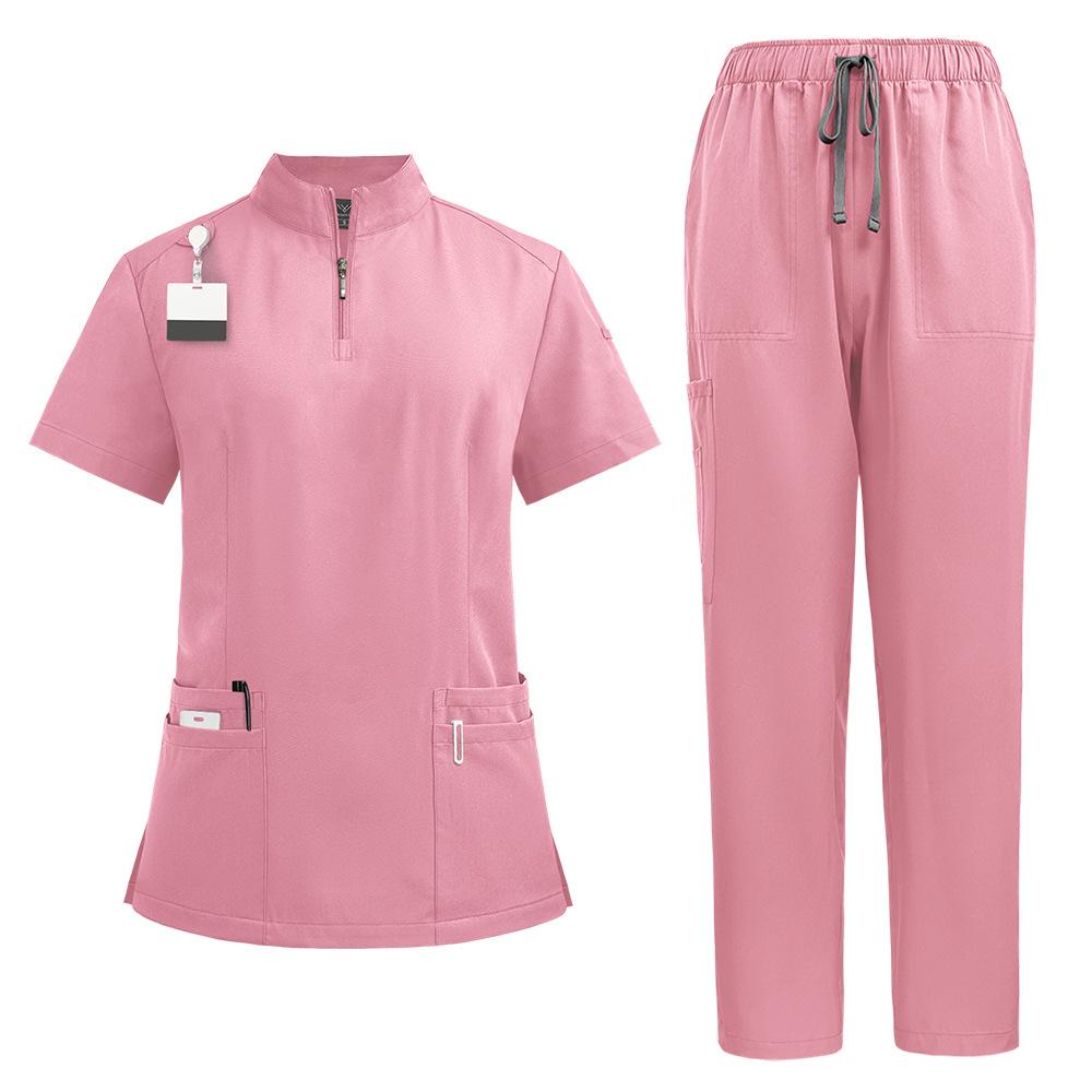 Stand-up Collar Zipper Doctor and Nurse Work Uniform Surgical Gown Straight Pants Solid Color Suit