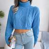 Fashionable Twisted-cable Long-sleeved High-neck Cropped Pullover Knit Top for Women