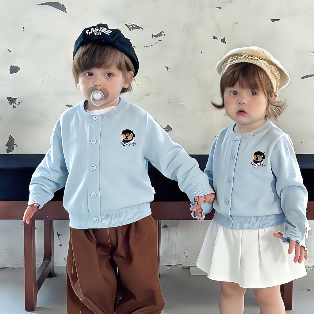 Spring Kids Embroidered Bear Knit Cardigan Unisex Baby Boy Girl Cute Thin Jacket Outerwear