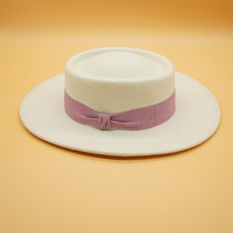 French Retro Simple White Woolen Flat Top Panama Top Hat Female Autumn And Winter British Celebrity Felt Elegant Hat