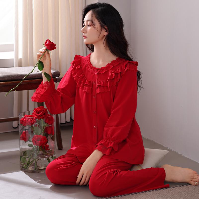 Pajamas Women's Spring and Autumn Pure Cotton Long-sleeved Autumn Red Natal Year New Wedding Festive Autumn and Winter Bride Wedding Loungewear