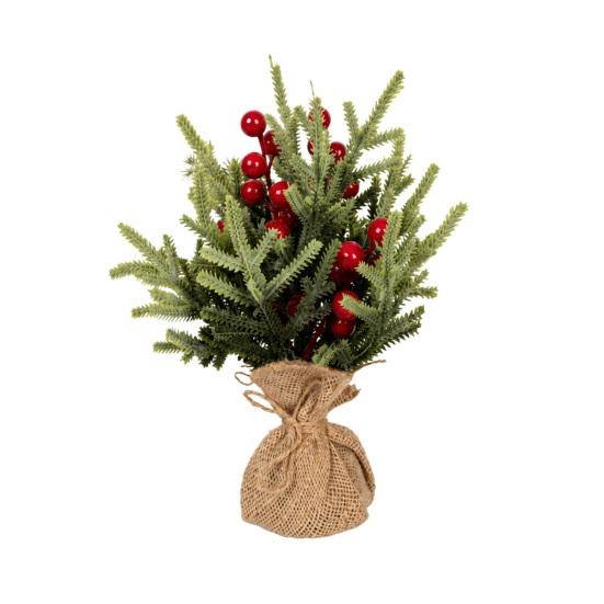 Desktop Holiday Decoration Miniature Christmas Tree with Red Berries, Artificial Mini Pine Burlap for Office Base, Tabletop Faux Small Potted