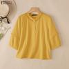 Women Casual Round Neck Loose 3/4 Sleeve Cotton Blouse