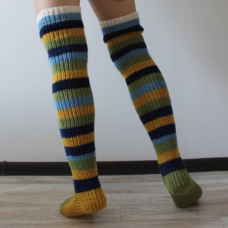 Autumn Slouch Crochet Knitting Colorful Striped Thigh High Long Socks for Women