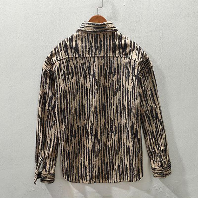 Men's Vintage Fashion Lapel Print Button Up Shirt Spring Autumn Casual Long Sleeve Pocket Loose Tops