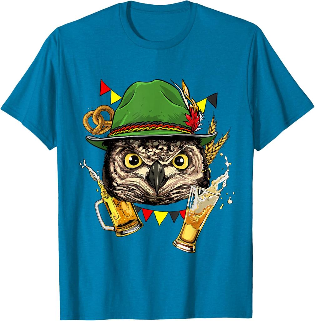 Owl Oktoberfest Beer Mug Bavarian Festival Graphic Tee Casual Cotton Short Sleeve T-Shirt