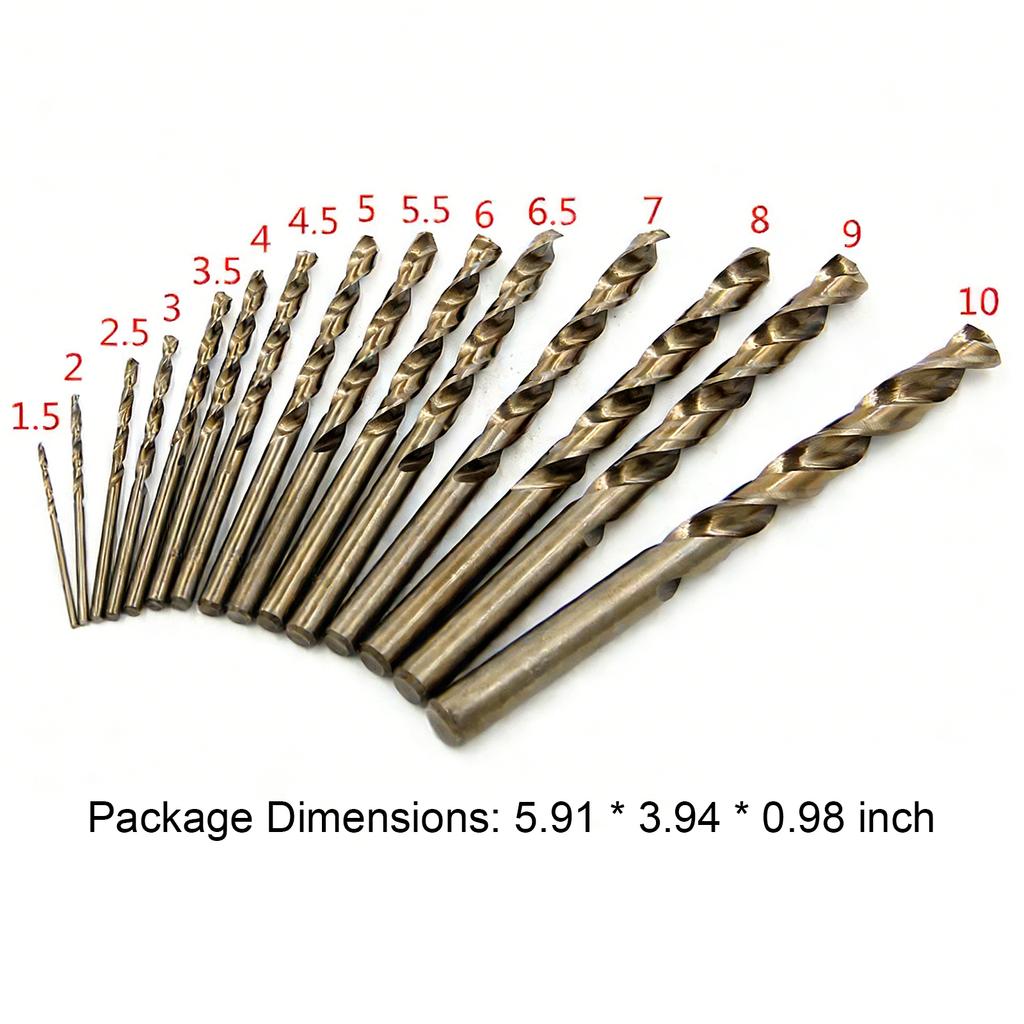 15pcs HSS Gold Cobalt Jobber Drill Bit Set with Straight Shank Twist Drill Bit Power Tools for Masonry Block Brick and Stone