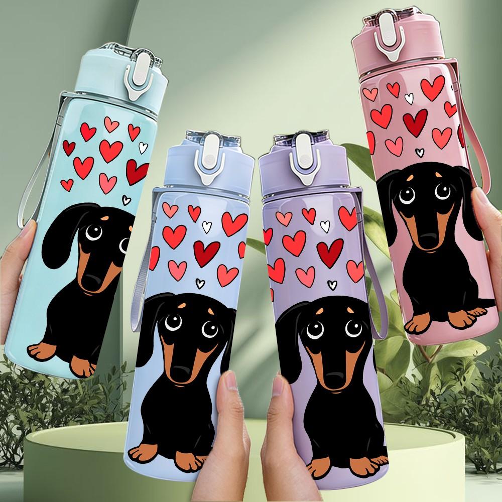 1PC Dachshund Dog With Heart Balloon Print 750ml Color Plastic Sports Water Bottle Leakproof Flip Straw Lid Suitable for Sports Office Home Use
