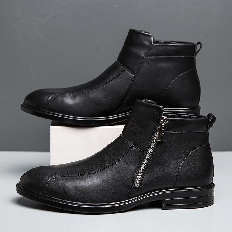 FashionGenuine Leather ankle Boots Men's High Top plush Warm Mens Short Boots Anti-slip Bota Masculinas De Couro Bottines Bottes Hommes