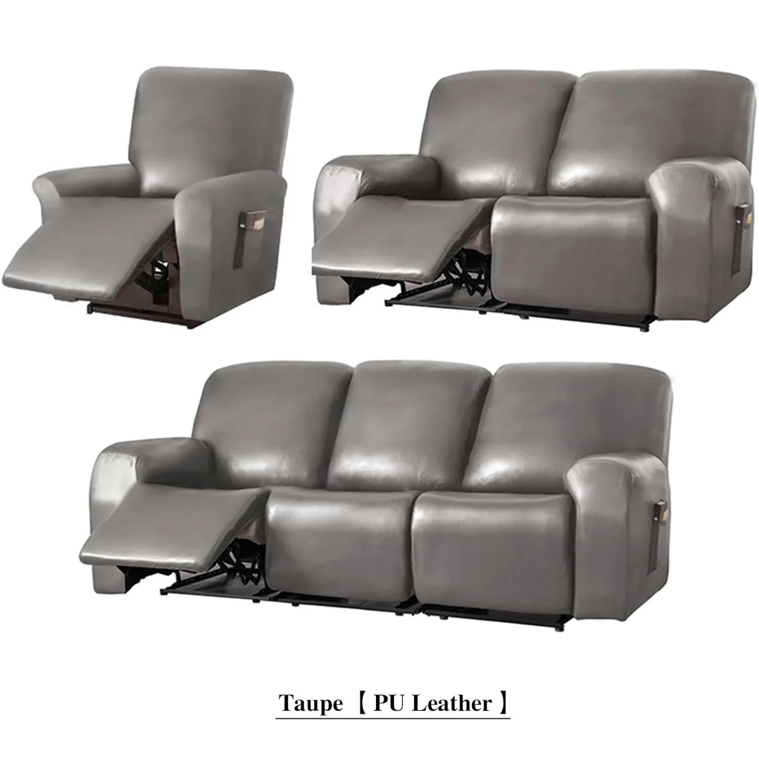 

1/2/3 Seat Waterproof Recliner Sofa Cover PU Leather Armchair Cover Solid Color Elastic Relax Single Sofa Slipcovers Home Hotel 1-Seater