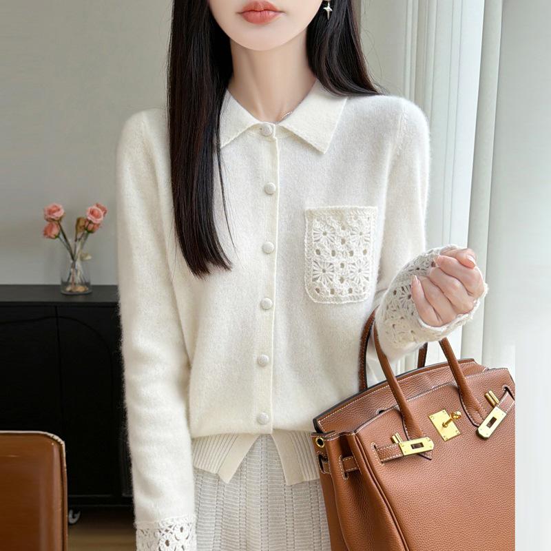 Women's Autumn/Winter Loose Fit Wool Cardigan with Polo Collar and Pockets