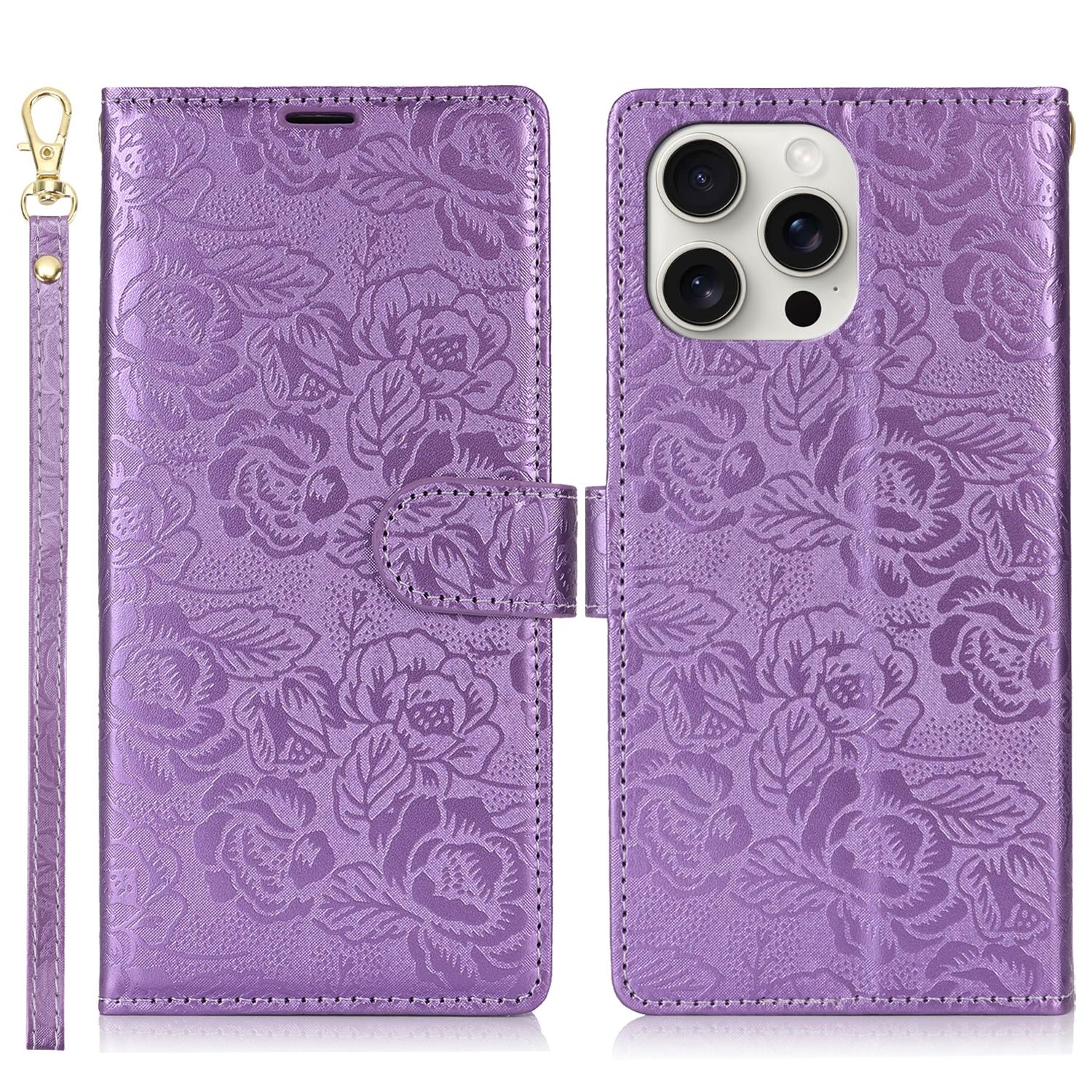 

For iPhone 16 Pro Case with Hand Strap Flower Imprint Leather Wallet Phone Cover Purple