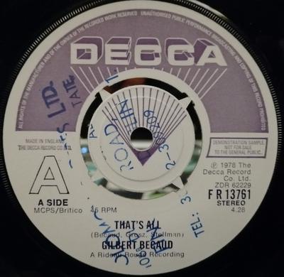 Disque 7 pouces GILBERT BÉCAUD - That's All FR13761PROMO Decca 1978 UK Pop Occasion